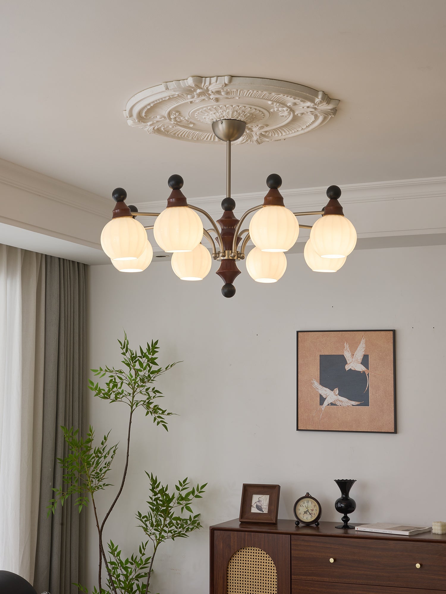Walnut Chandelier with Adjustable Height — front view