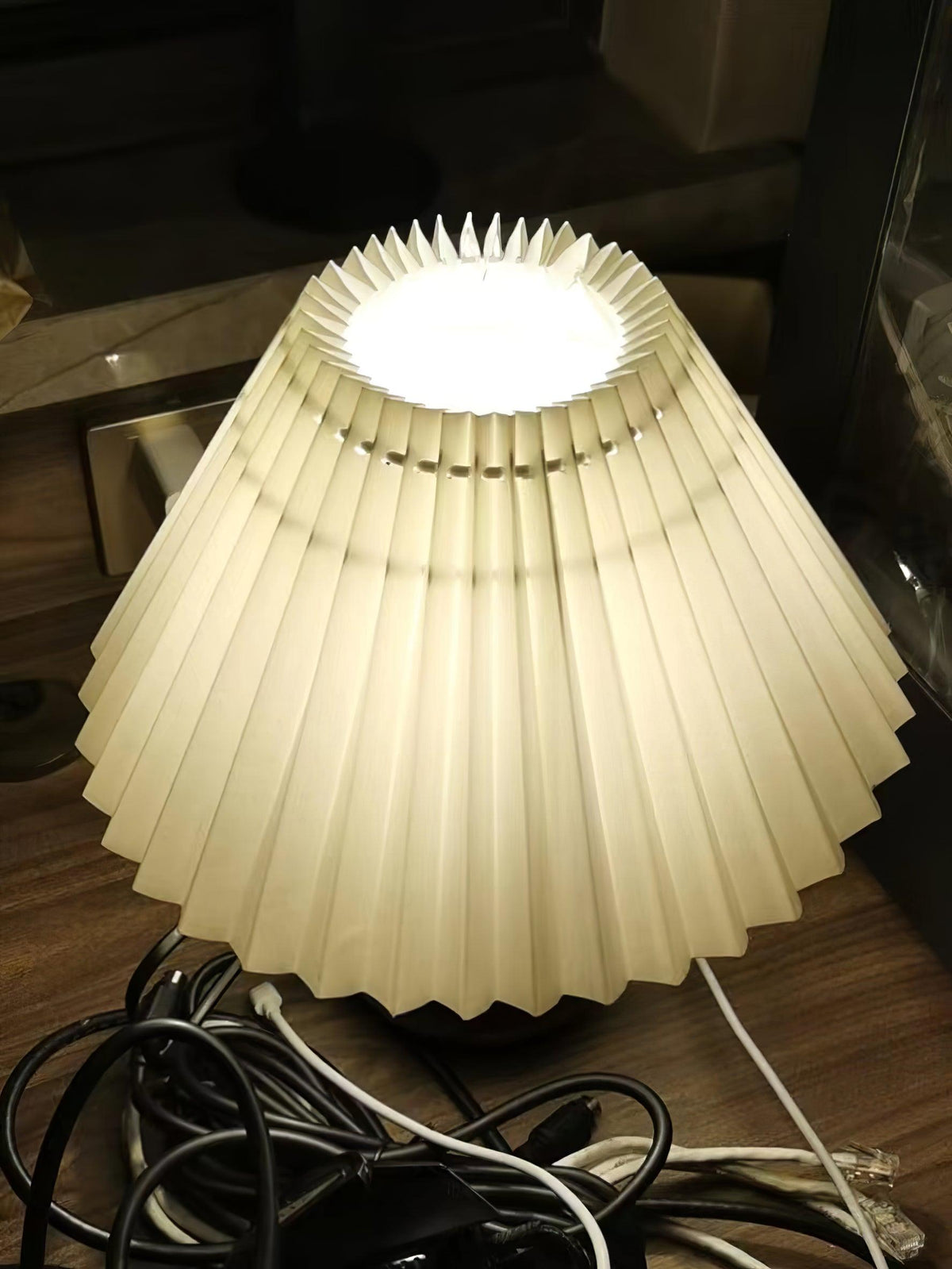 Wooden Pleated Table Lamp with Adjustable Brightness