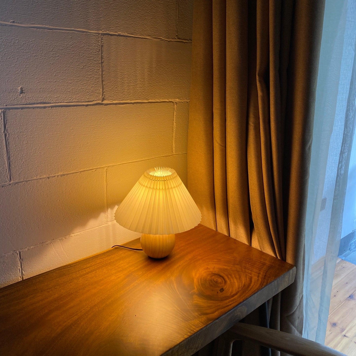 Wooden Pleated Table Lamp with Adjustable Brightness