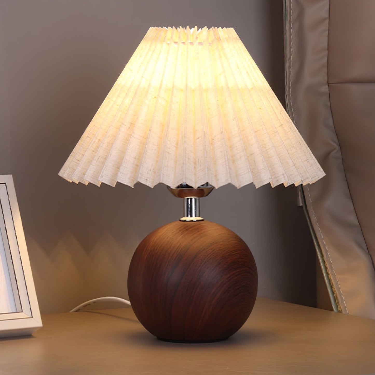 Wooden Pleated Table Lamp with Adjustable Brightness