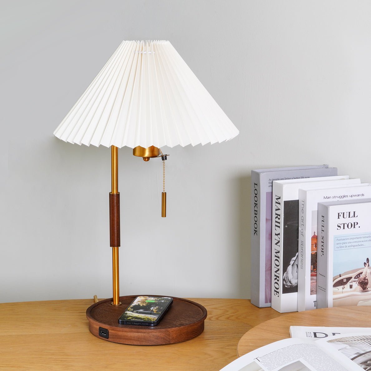 Vintage Wooden Table Lamp, Wireless Charging