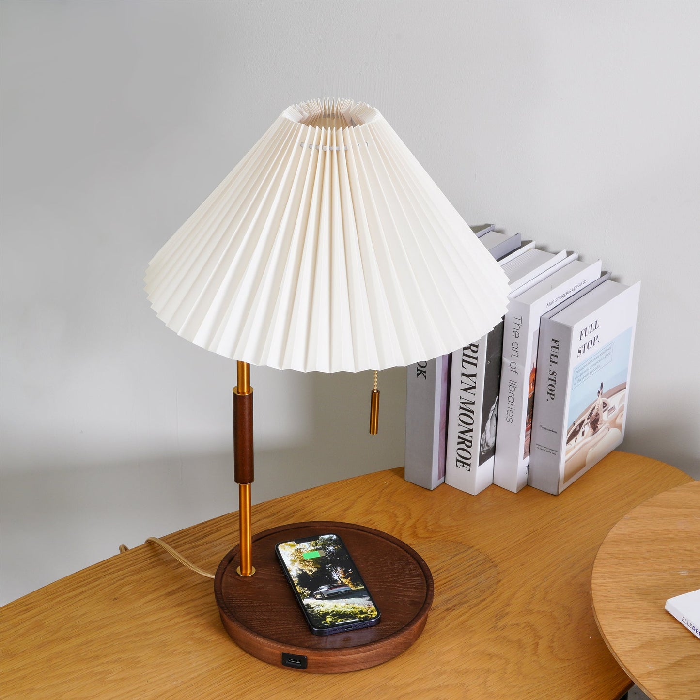 Vintage Wooden Table Lamp, Wireless Charging — lifestyle view