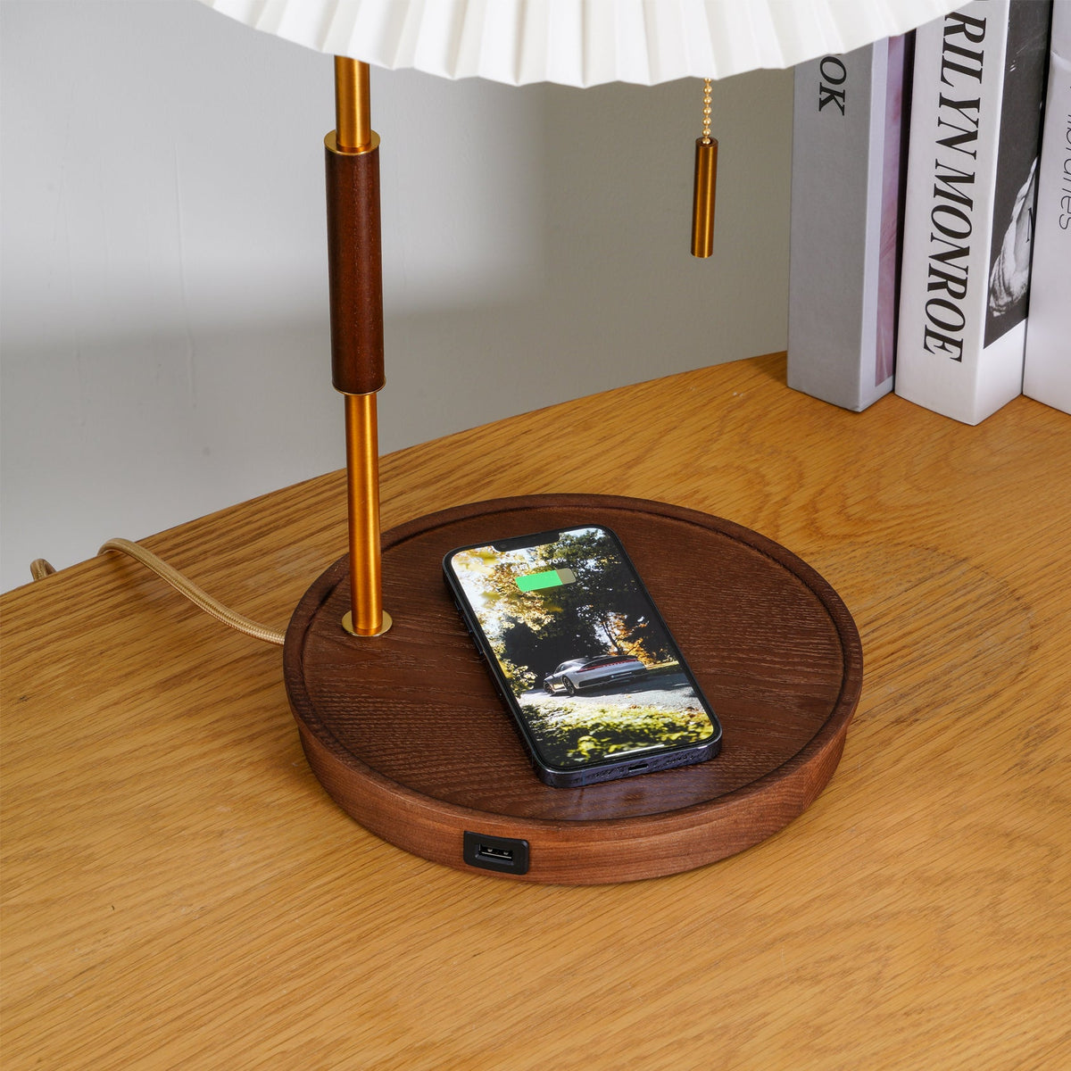Vintage Wooden Table Lamp, Wireless Charging