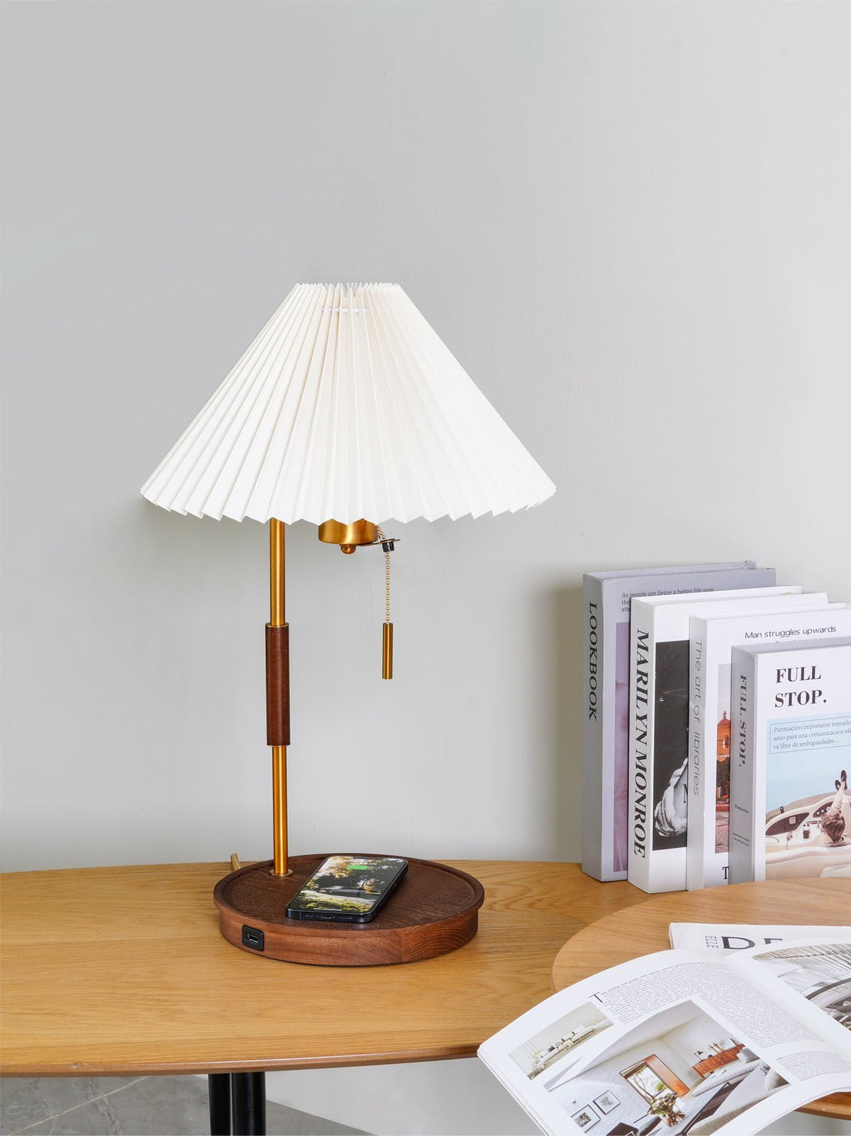 Vintage Wooden Table Lamp, Wireless Charging