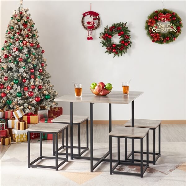 5-Piece Industrial Dining Set with Square Table & 4 Stools — front view
